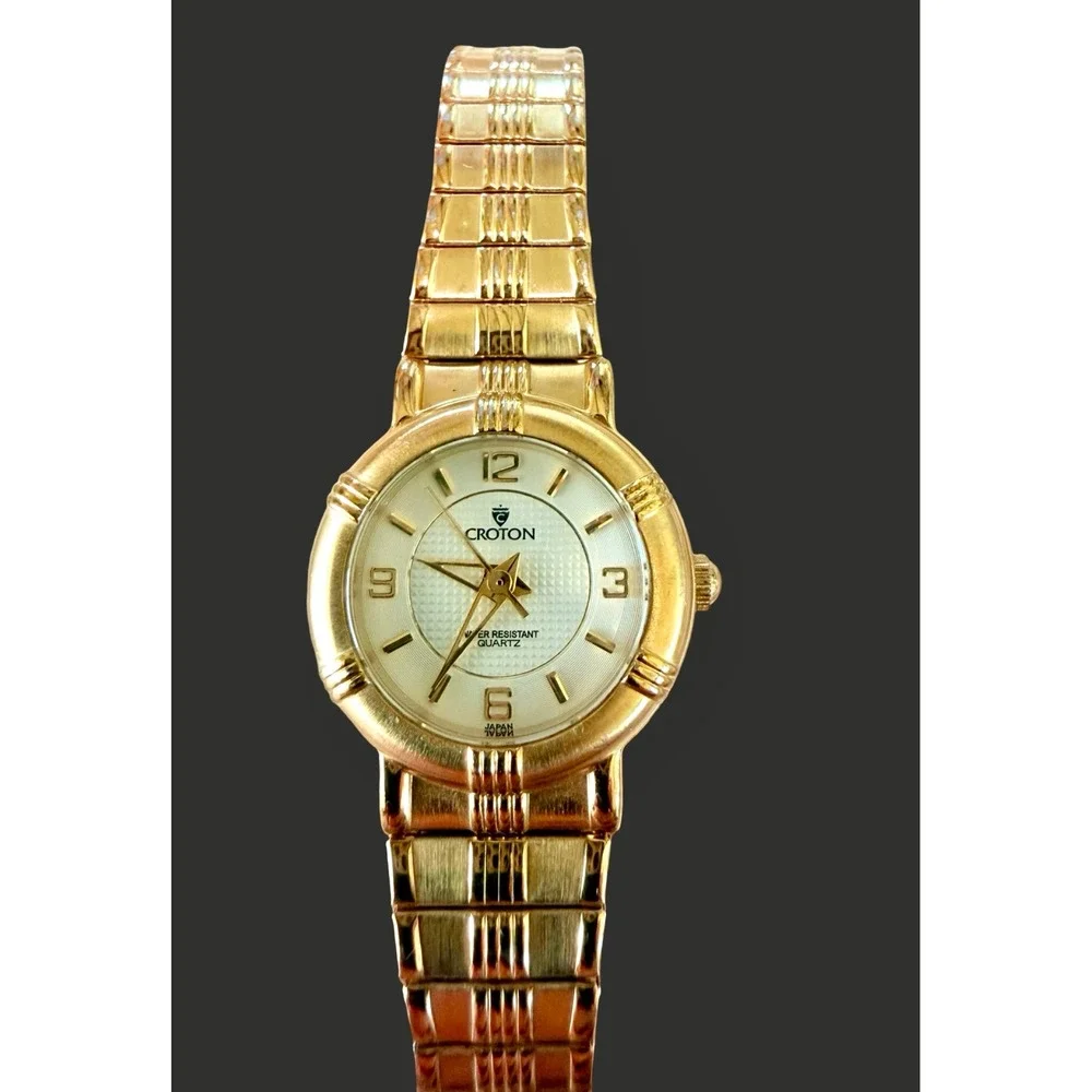 Croton Women's Gold Tone Stretch Bracelet Quartz Watch White Dial Runs